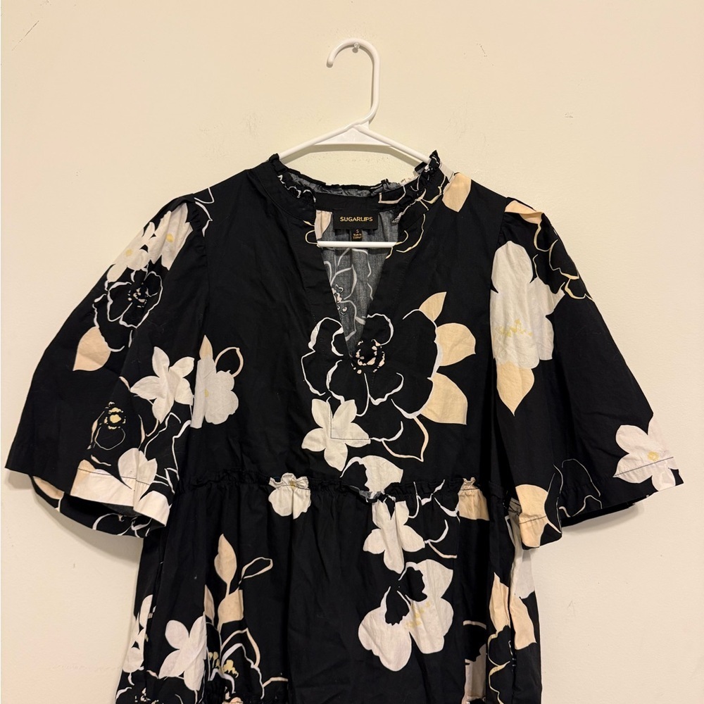 Sugarlips Black Floral Tiered Babydoll Dress Small Pockets Size Small - Picture 2 of 6